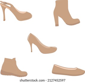 A set of women's shoes and boots in beige. Vector.