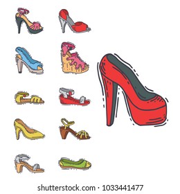 Set of womens shoes flat design vector hand drawn style of leather colored moccasins heel shoe illustration.