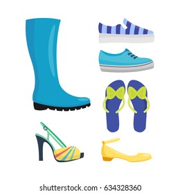 Set of womens shoes. flat design vector collection of leather colored moccasins boots illustration.