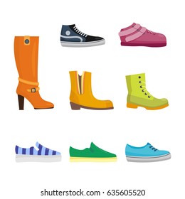 Set of womens shoes flat design vector collection of leather colored moccasins boots illustration.