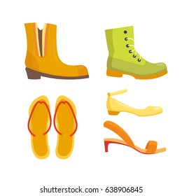 Set of womens shoes flat design vector collection of leather colored moccasins boots illustration.