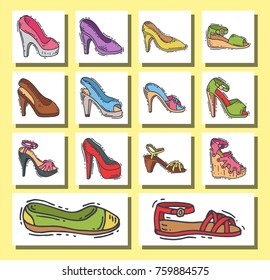 Set of womens shoes flat design vector hand drawn style of leather colored moccasins heel shoe illustration.