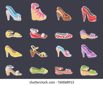 Set of womens shoes flat design vector hand drawn style of leather colored moccasins heel shoe illustration.