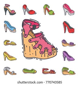 Set of womens shoes flat design vector hand drawn style of leather colored moccasins heel shoe illustration.