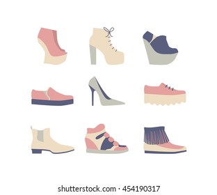 Set of women's shoes. Gray, pink and beige colors