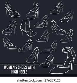 Set of women's shoes with high heels, painted lines in minimalist style