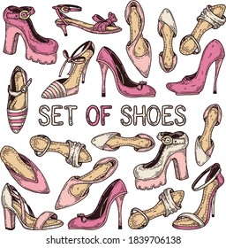 Set of women's shoes. Ink graphics. Vector illustration.