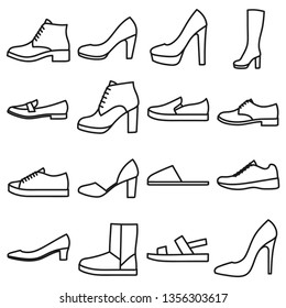 Set of women's shoes outlined icons in white background