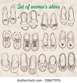 Set of women's shoes in sketch style. Vector  illustration for your design