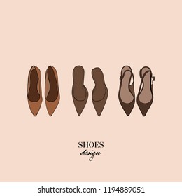 Set of women's shoes top view. Brown and beige female shoes. Red women's ballet flats. Brown woman's shoes. Flat vector women's shoes isolated on light beige background