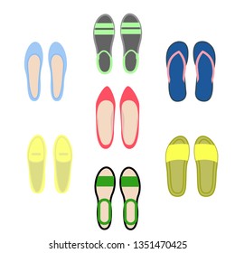 Set of women's shoes. View top. Open and closed summer shoes. Vector illustration