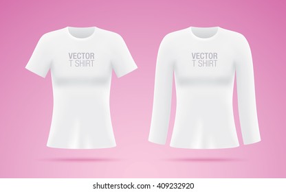 Set of women's short and long sleeve vector shirts. White T-shirt templates isolated on pink background. Realistic mockup.