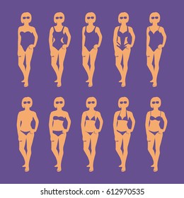 Set of women's silhouettes in different swimsuits.