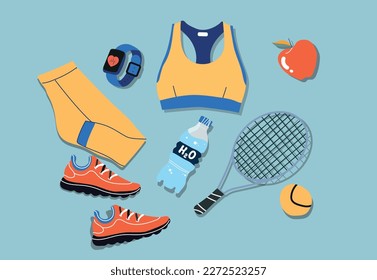 Un juego de ropa deportiva femenina, equipo deportivo para el tenis. Ropa deportiva, raqueta de tenis, pelota, rastreador de fitness, zapatillas de deporte, agua, manzana, moda, plantilla de sketch plano, fitness.