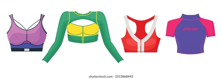 Set of women's sportswear, underwear in cartoon style. Vector illustration of beautiful sports bra, crop top, t-shirt, zipper isolated on white background. Comfortable clothes for training, fitness.