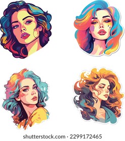 A set of women's stickers, vector art of a Pretty woman stickers, vivid colors, colorful, pastel cute colors, white background