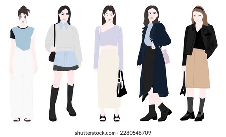 Set of women's street fashion vector images for spring and summer seasons
