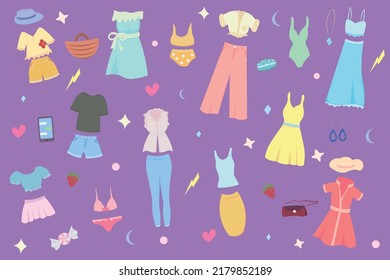 Set of women's summer clothes in a flat design. All objects are isolated. Includes leggings, skirts, shirts, culottes, swimwear, hats, tops, T-shirt, bags, earrings, hearts, stars, dresses, crescents