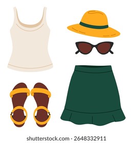 Set of women's summer clothing and accessories including tank top, skirt, hat, sunglasses and sandals