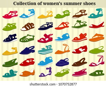 Set of women's summer shoes in different colors