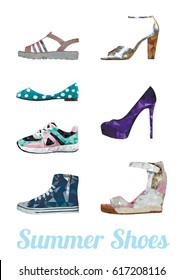 Set of women's summer shoes. Different kids shoes isolated on white background. Triangular style