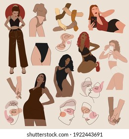 Set of Womens and sun. Face one line drawing. Shape or Abstract art. Female portrait for an art exhibition and print templates and   Social media. Modern hand drawn vector illustrations.