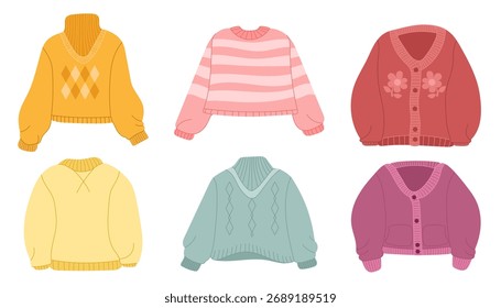 Un conjunto de suéteres y chaquetas de mujer con un hermoso diseño. Elementos