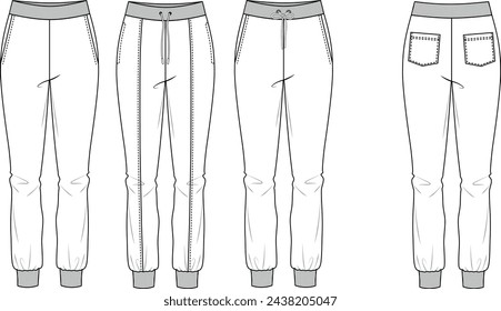 Set of women's sweatpants templates, jogger pants CAD drawings, three designs and back drawing