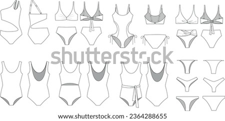 set of women's swimsuit and bikini flat template drawings, swimsuits, bikini tops, bikini bottoms, women's beach wear fashion technical drawings