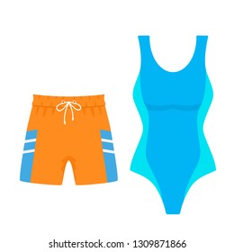 Set of women's swimsuit and men's swimming trunks shorts for swimming. vector illustration isolated on white background
