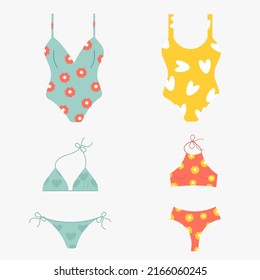 Set of women's swimsuits different. Bottom and top. Vector illustration.