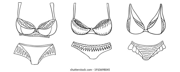 Set of women's swimsuits. Doodle illustration. Vector isolated elements for design. 