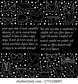 Set with women's underwear. Black background. Vector isolated illustration with women's underwear. Doodle style. Printing on posters, paper. Clothing for girls.  Panties, thongs, bras, corset 