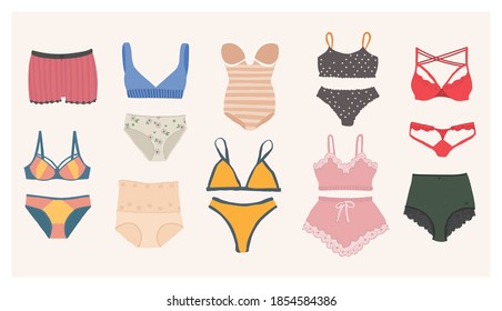 A set of women's underwear - bra, panties, corset, bikini, monokini. Types of lingerie and swimwear. Vector isolated flat illustration for design.