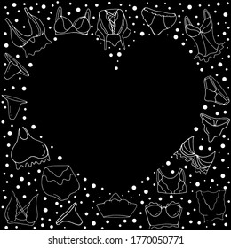 Set with women's underwear.   Vector isolated illustration with wo men's underwear. Doodle style.  Panties, thongs, bras, corset on a black background. Printing on posters, paper. Clothing for girls.