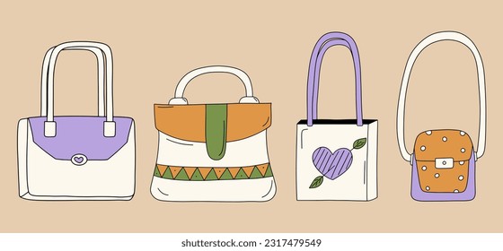 Un conjunto de bolsas de mujeres. Ilustración vectorial en estilo plano