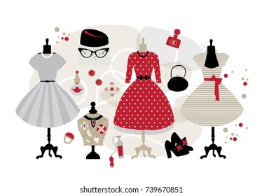 Set women's vintage fashion clothing and accessories: vintage jewelry, women's vintage dress, vintage hats, glasses, boots, perfume, bags, perfume and ring. Dress red polka dot.