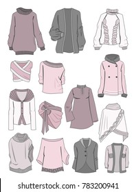 Set of women's warm clothing, blouses, sweaters and bolero, isolated on white background. All things of the collection made in gentle and romantic colors.