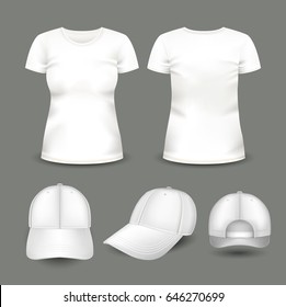 Set of women's white t-shirt and cap in front and back views. Volumetric vector template. Realistic shirts mockup used for advertising labels, logo, emblem design or textile goods, for websites.