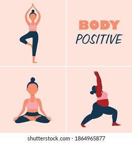 set womens of yoga position on pastel background. vector isolated image