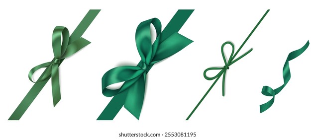 Set of wonderful diagonally decorative Christmas green bow, swirl ribbon isolated on white. Beautiful new year corner decoration for your wrapping design. Vector stock illustration.