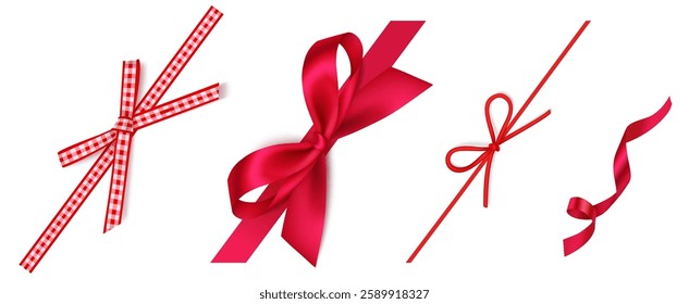 Set of wonderful diagonally decorative Christmas red bow, swirl ribbon isolated on white. Beautiful Valentine's day or birthday corner decoration for your wrapping design. Vector stock illustration.