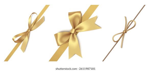 Set of wonderful diagonally decorative Christmas golden bow with ribbon or rope, isolated on white. Beautiful new year corner decoration for your wrapping design. Vector stock illustration.
