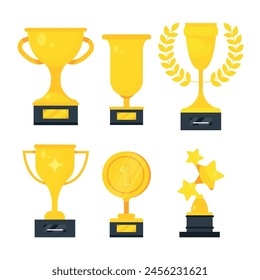 Set of wonderful gold cups for awarding in a cartoon style.Vector illustration of different beautiful golden trophies, 1st place, stars, laurels, on stand isolated on white background. Sports awards.