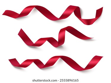 Set of wonderful horizontal decorative Christmas or New Year red swirl ribbon isolated on white. Beautiful element decoration for Valentines Day holiday design. Vector stock illustration.