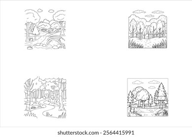 Set of Wonderful natural landscape in a forest glade. Coloring book page for kids. Cartoon style. Vector illustration isolated on white background