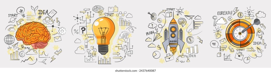 Set of wonderful realistic design image of brain, light bulb, rocket launch, dartboard. Concept of creative idea, creativity, startup, knowledge power. Sketch around. Vector illustration