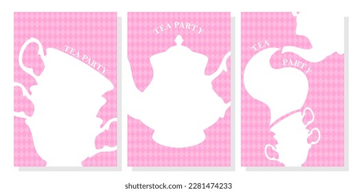 Set of  wonderland vector card. Mad tea party. White silhouettes  tea cups and teapot on pink checkered background