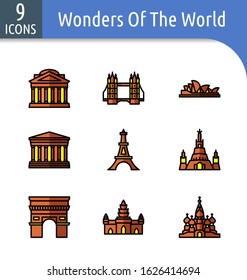 Set of wonders of the world colour  linear icon.Such as Pantheon,Tower bridge,Opera house,Acroppolis,Angkor wat,Arch of triumph