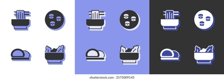 Set Wonton, Asian noodles in bowl, Sushi and  icon. Vector